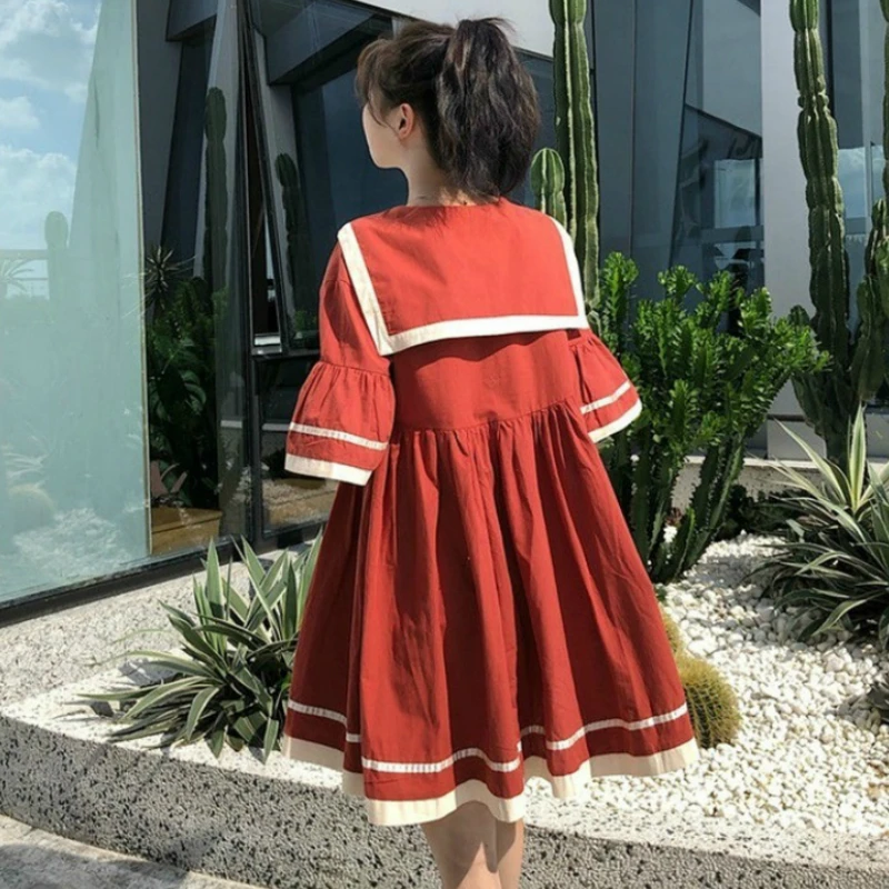 Short Flare Sleeve Dress Women Sailor-collar Bow Kawaii A-line Lace-up Pleated Striped Loose Harajuku Students Summer Preppy New