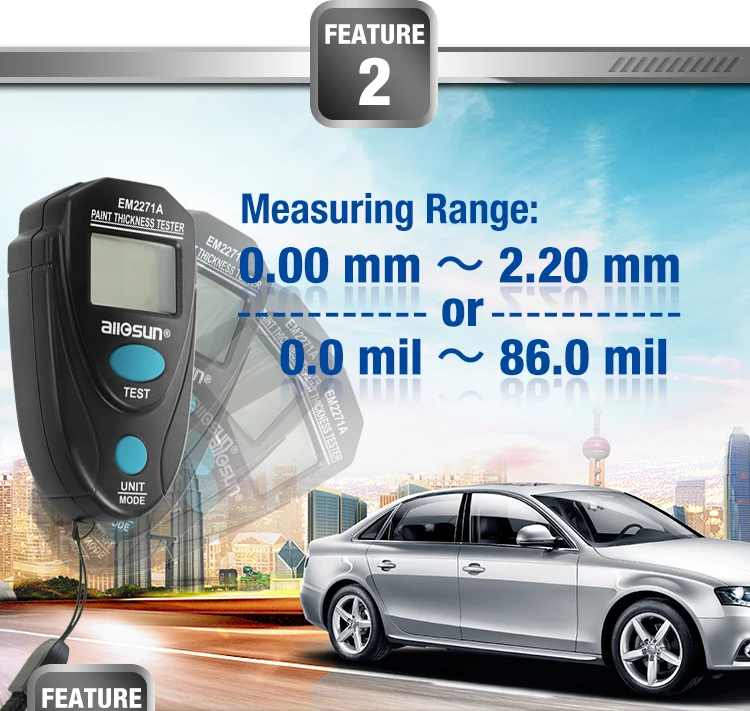 all-sun EM2271A Digital Thickness Gauge Coating Meter Fe/NFe 0.00-2.20mm for Car Thickness Meter Russian Manual