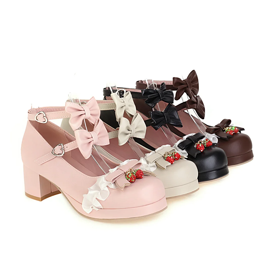 Women Lolita Shoes Girls Kawaii Mary Jane Platform Pumps Strawberry Bow Block High Heels Princess Japanese Cosplay Wedding Party