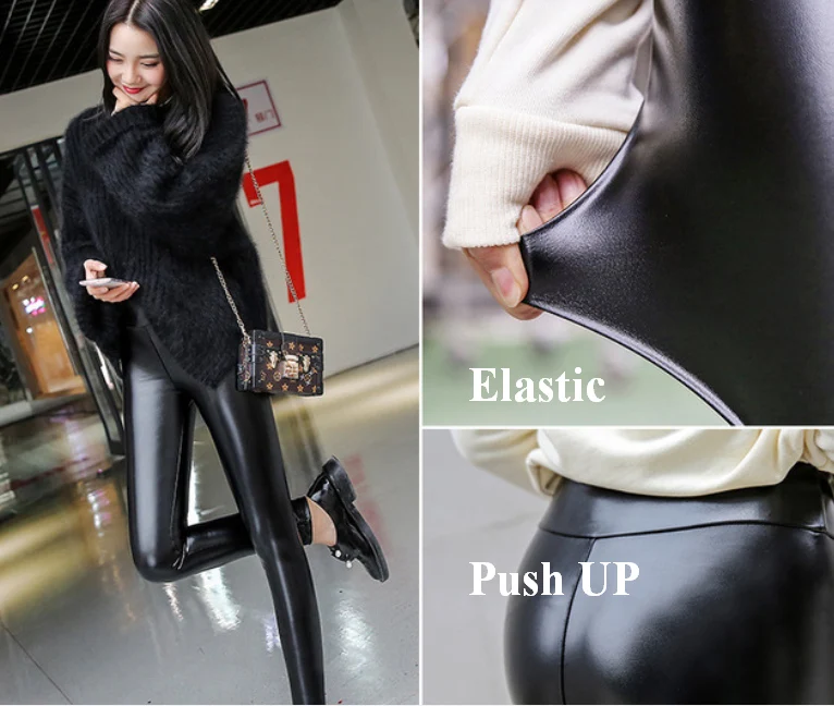 Sexy Push Up Legging for Women in Winter Fleece lined with High Waist PU leather Legging Black ouc584b