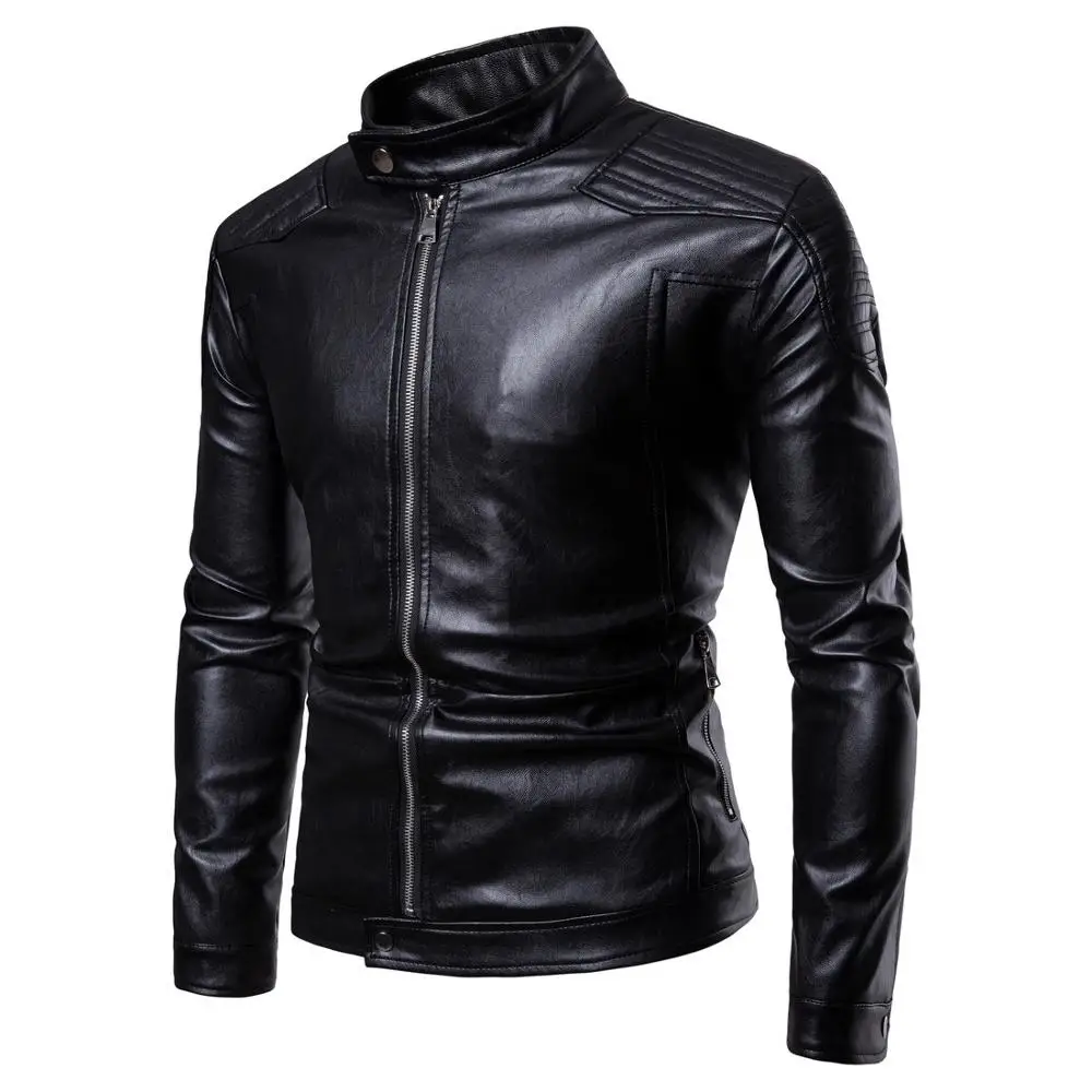 Idopy Fashion Motorcycle Faux Leather Jacket Men Slim Fit Biker Stand Collar PU Jacket Autumn Men PU Leather Jackets Coats