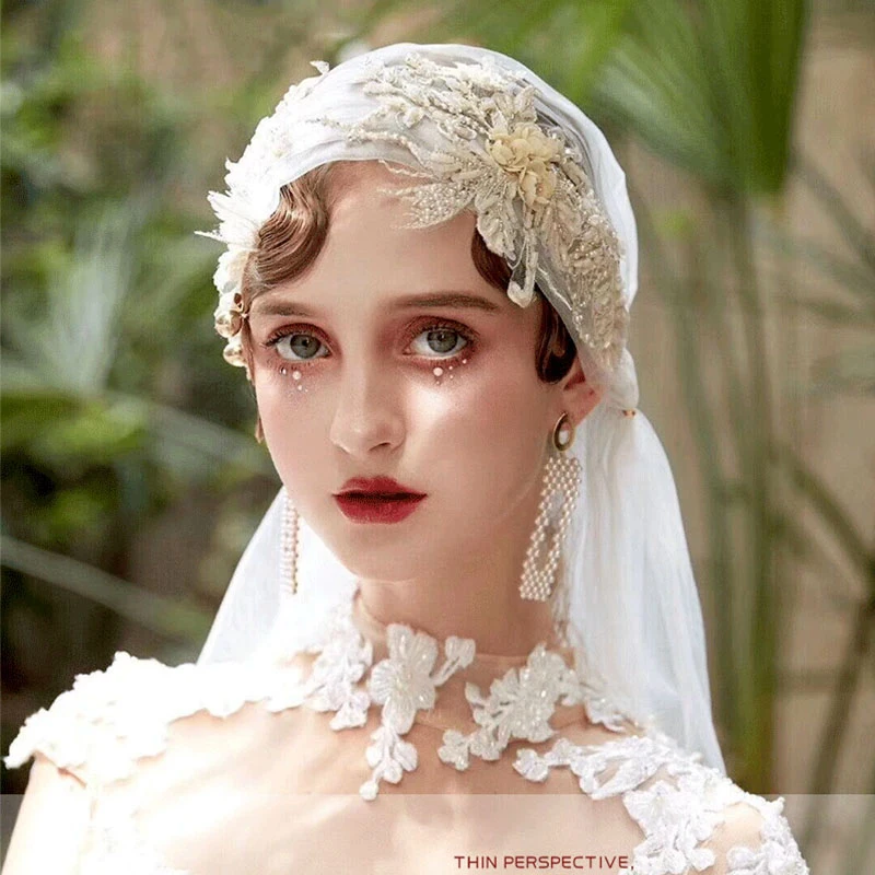 European Vintage Handmade Bridal Wedding Veils Luxury Beaded Wedding Party Prom Headwear Veils