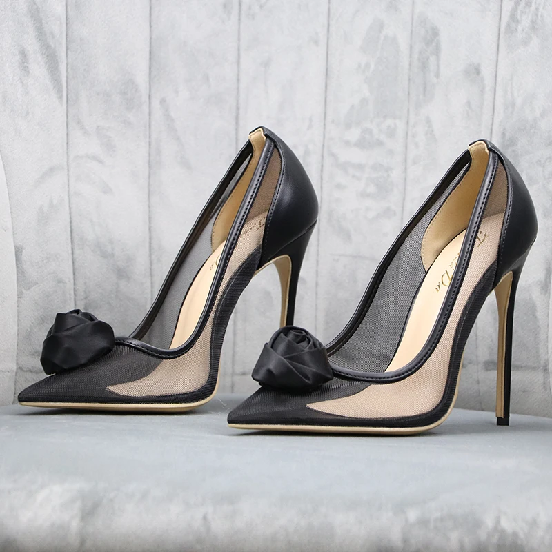 

2021 Summer Pumps Shoes Net Yarn Lace Flower High Heels Women Stiletto 12cm Pointed Toe Shallow Mouth Sexy Single Shoes Sandals