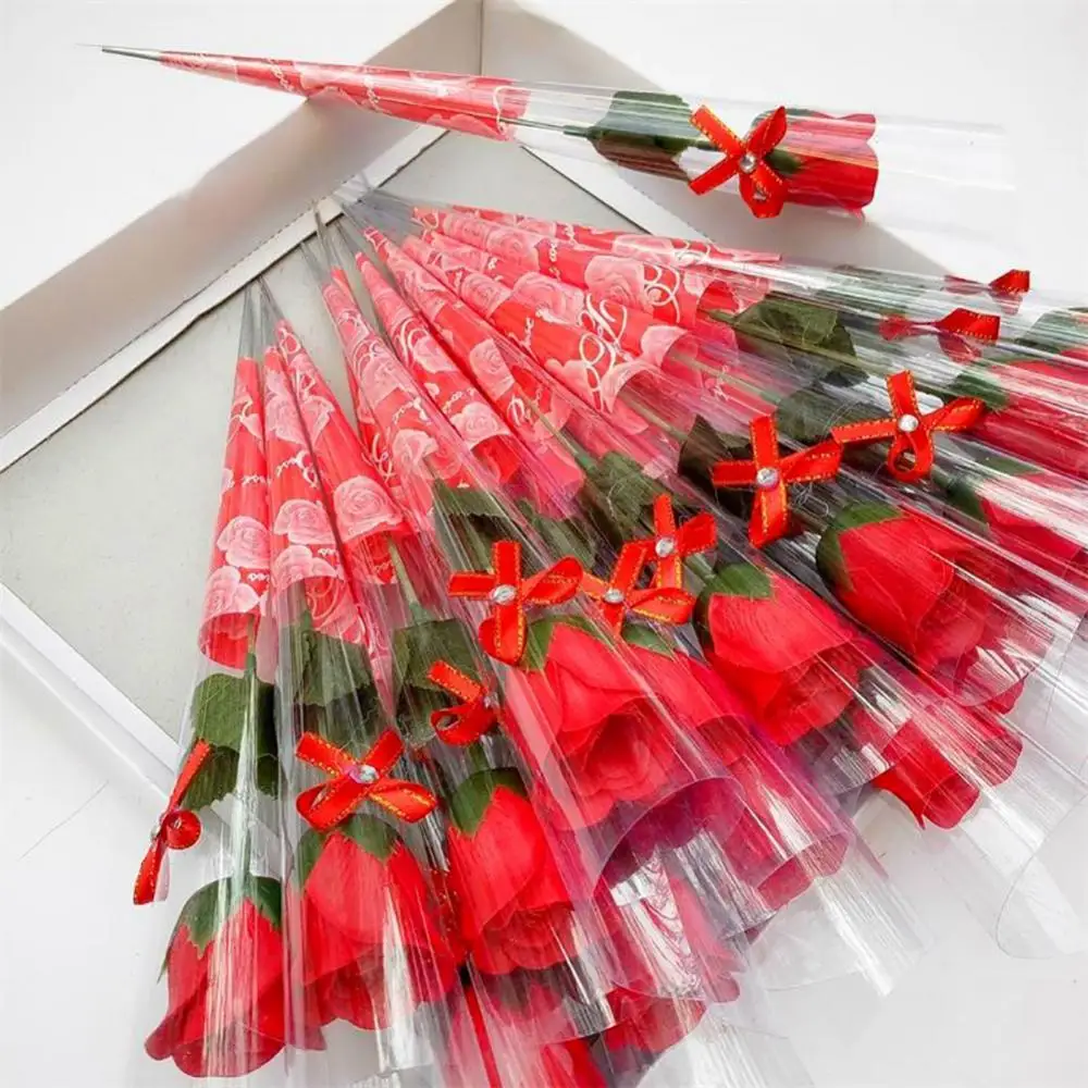 Creative 10 Pcs Single Stem Artificial Rose With Plastic Packaging Soap Made Flowers Valentine's Day Gift Birthday Party Decorat