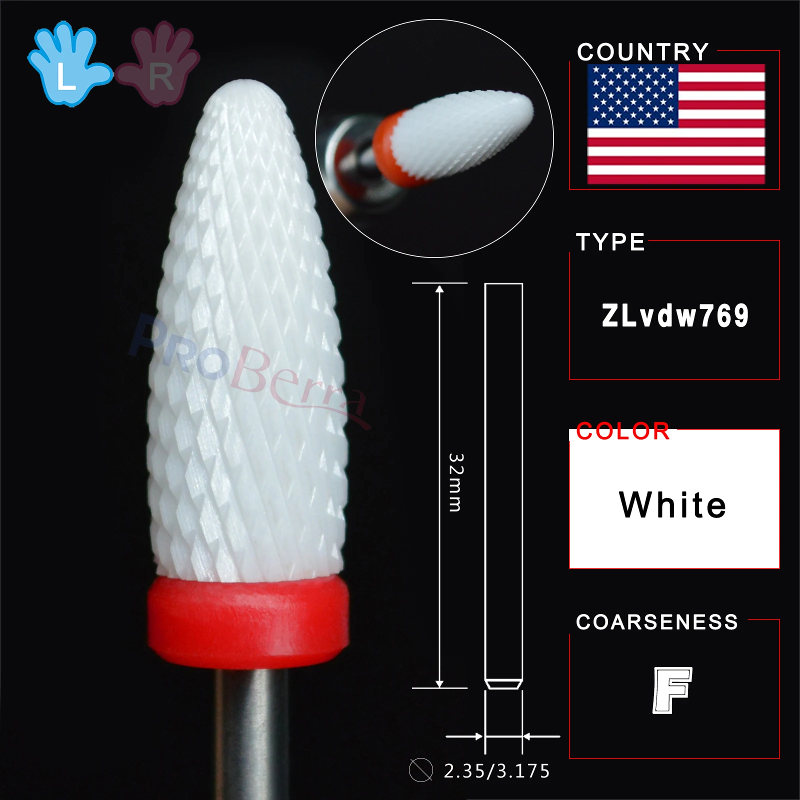 RolinStar White Ceramic Left Handed Person Flame Bit designated milling cutters removel gel polish varnish Nail Drill Bit