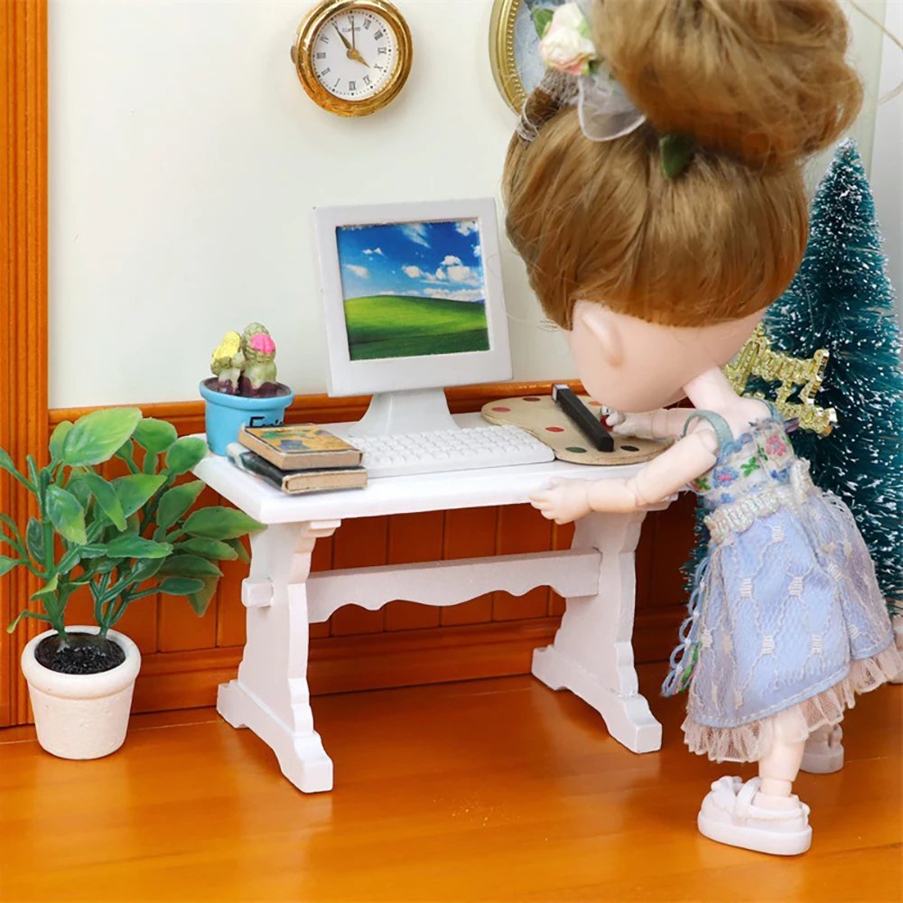 1/12 Dollhouse Miniature Accessories Mini Wooden Computer Desk Simulation Furniture Table Model Toy for Doll House Decoration