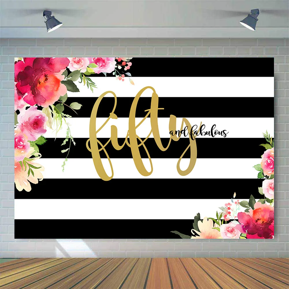  Fifty and Fabulous Backdrop Flower Stripes 50th Birthday Photography Background Vinyl Women 50th Birthday Party Banner