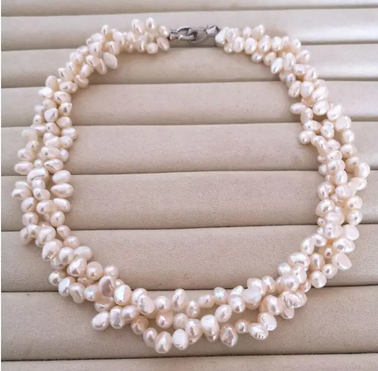 

3 rows 9mm white baroque flat pearl choker necklace natural Freshwater PEARL Women Jewelry 43cm 17'' 35cm