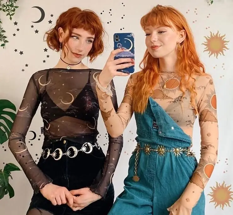 Fashion Sun Moon Printed Transparent Mesh Sexy T-Shirt Women O-Neck Long Sleeve Slim Basic Casual Female Tops Autumn Spring New
