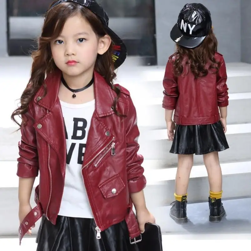 2021 New Autumn Winter Baby Girls Solid color lapel PU leather Kids Fashion Leather Jackets Children Outerwear Clothes 3-12Y