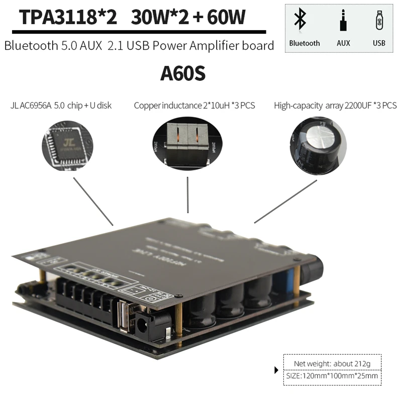 Hifidiy s100l bluetooth 5.0 2.1 canais de potência áudio estéreo subwoofer amplificador placa 50wx2 + 100w agudos graves nota tuning amp