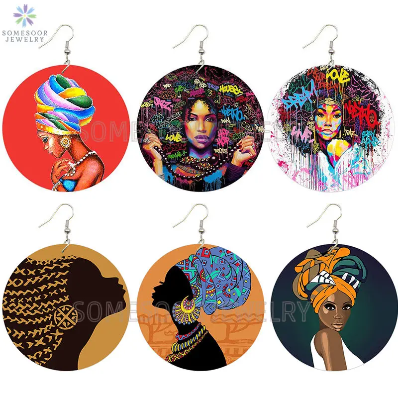 

SOMESOOR Love Afro Ethnic Vintage Headwrap Woman Wood Drop Earrings Black Queen Portait Arts Designs Printed For Women Gifts