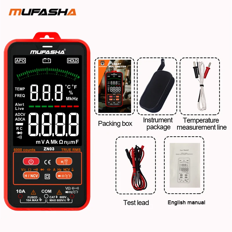 MUFASHA Multimeter Professional 6000 Counts HD Color Screen Ultrathin Intelligent OHM NCV Voltage Meter