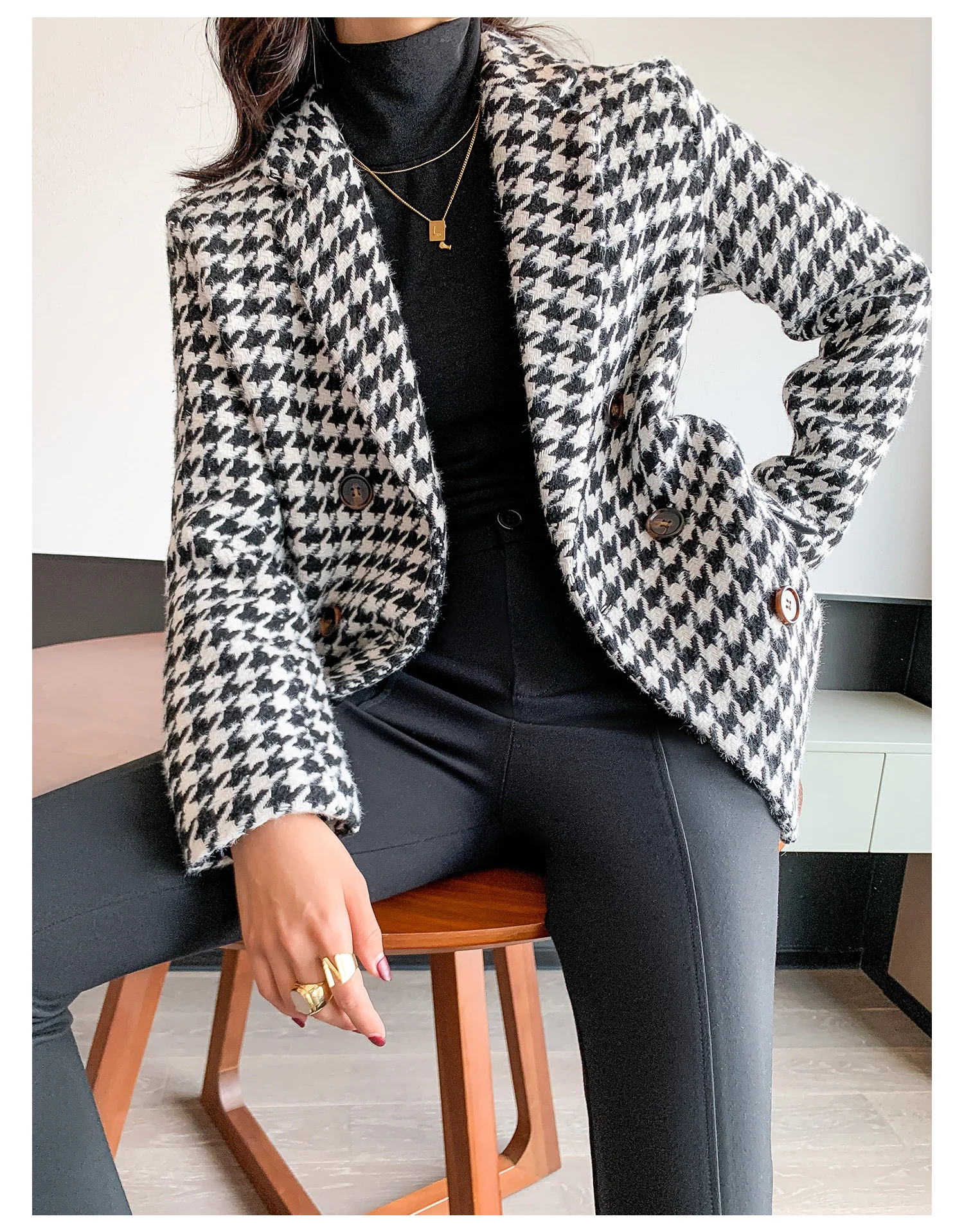 Houndstooth waist small suit jacket female 2021 autumn and winter thick cashmere woolen suit British style Korean style