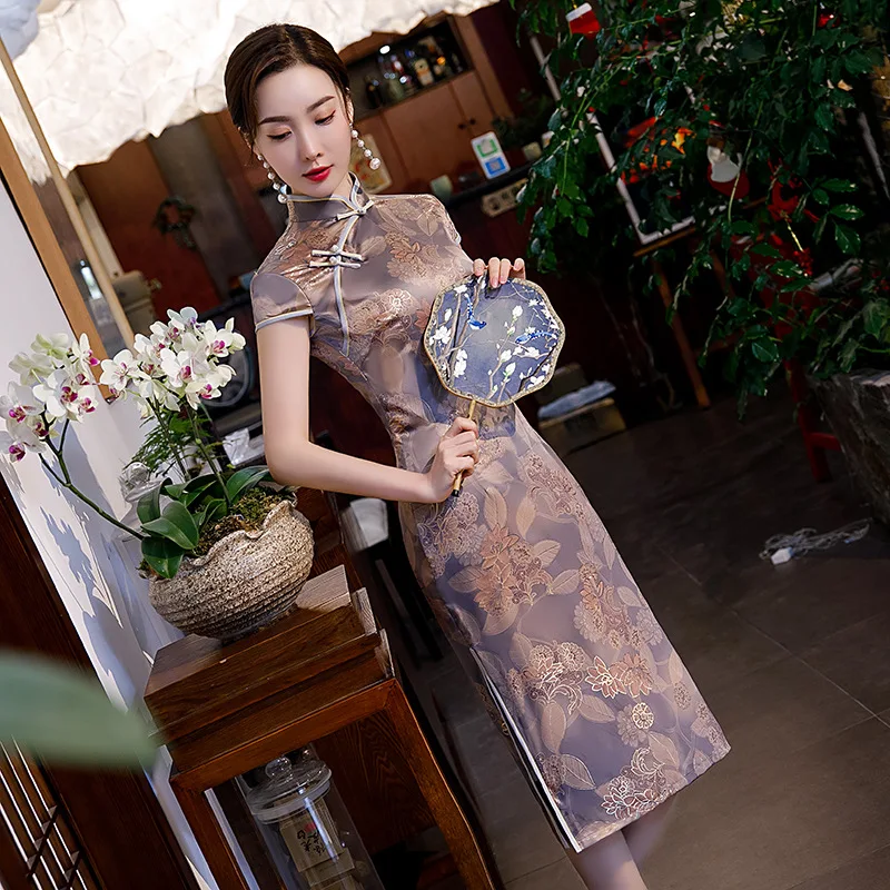 Robes à fleurs Qipao mi-longues pour femmes, Style chinois rétro, bouton plat, mode rétro, Cheongsam Slim, printemps 2020