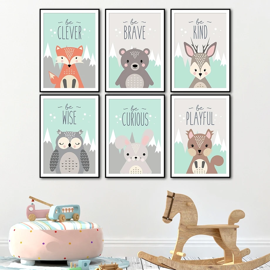 

Cute Cartoon Animal Owl Bear Fox Canvas Paintings Posters and Prints Wall Pictures Kids Room Decor Bedroom Wall Art Home Decor