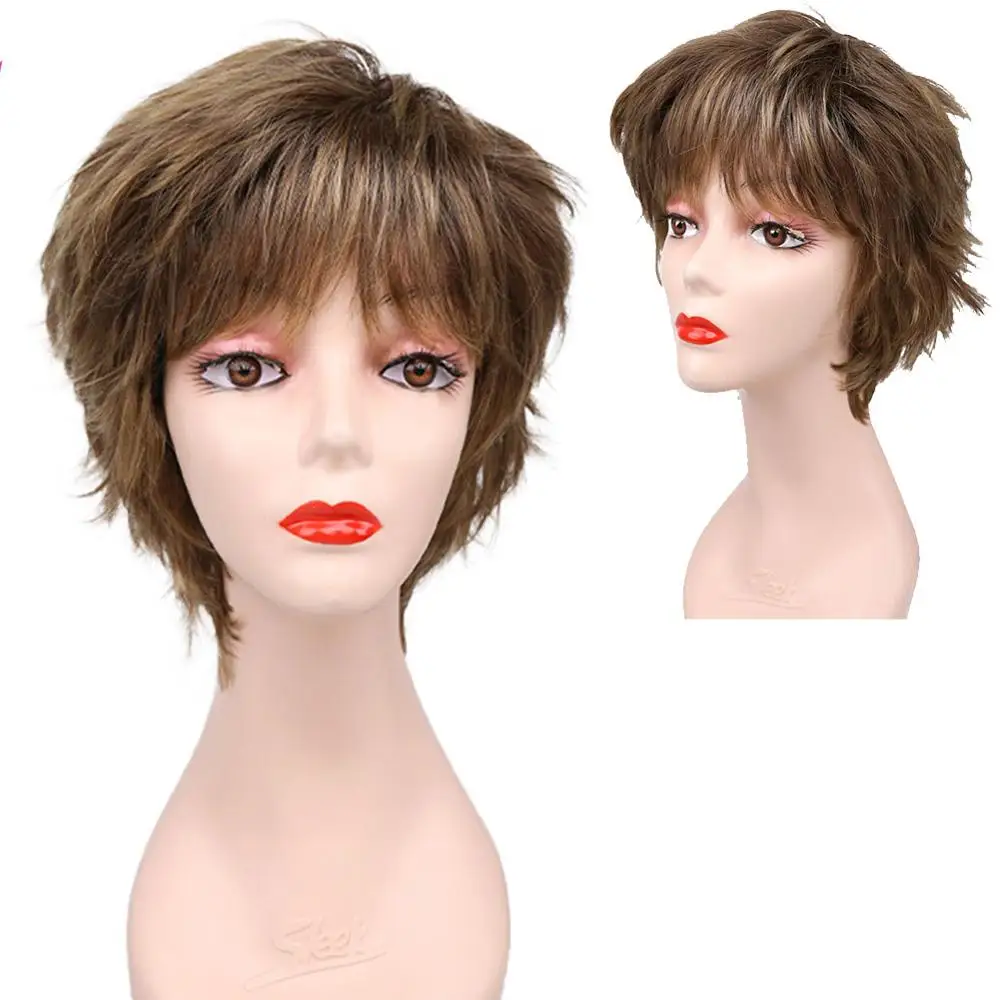 Amir Synethic Short Wigs Cute Pixie Cut Wig Straight Hair Wig with Bang Brown Grey Hair wigs for Women Party Daily Cosplay