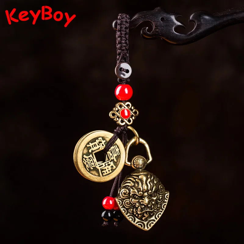 Lucky Copper Zhongkui Ghost Bell Car Keychain Pendant Schoolbag Hanging Brass Rope Lanyards Retro Key Ring Gifts Accessories