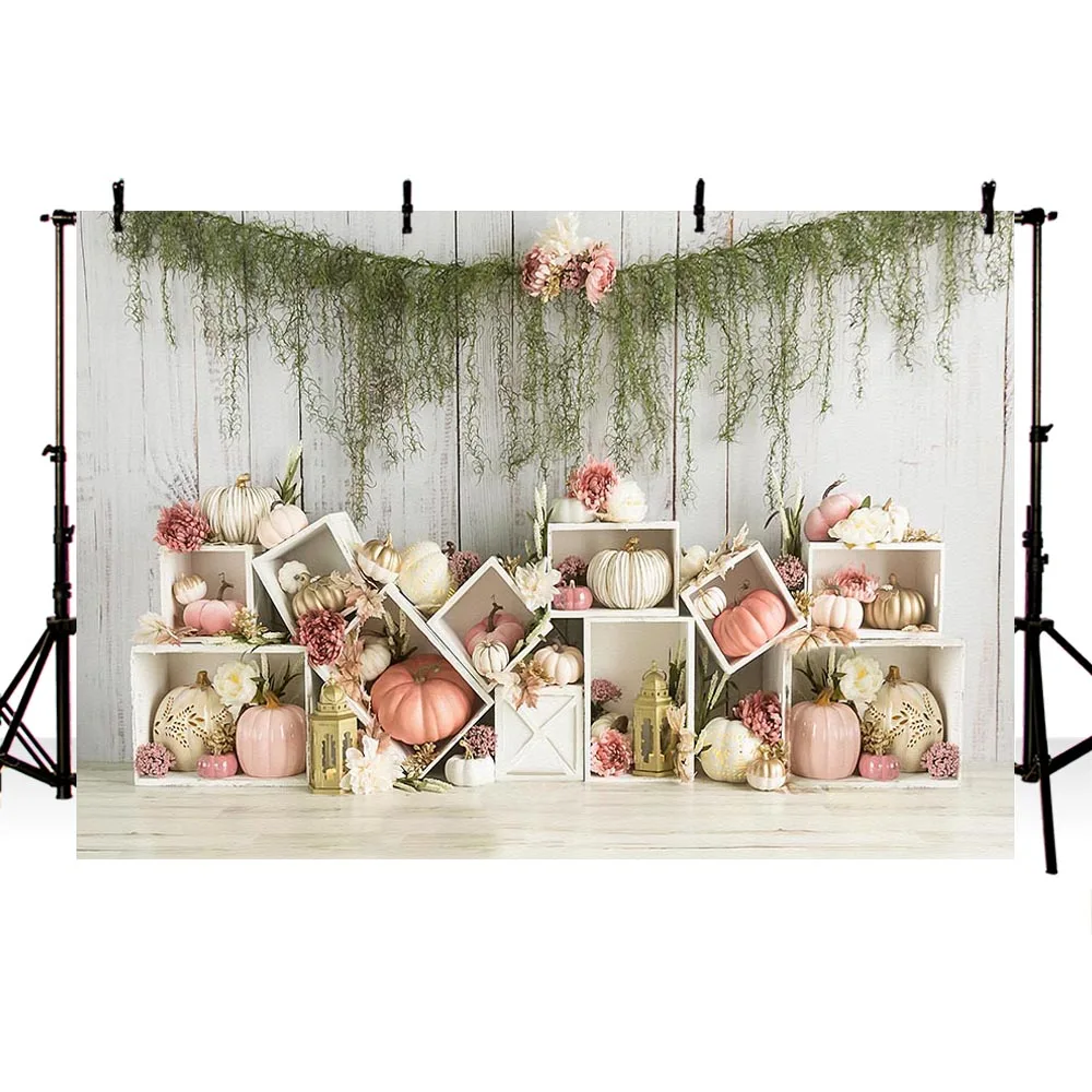 Mehofond-fondos de fotografía de calabaza, telón de fondo de primavera, plantas verdes, blanco, madera, retrato de bebé recién nacido, sesión fotográfica de estudio