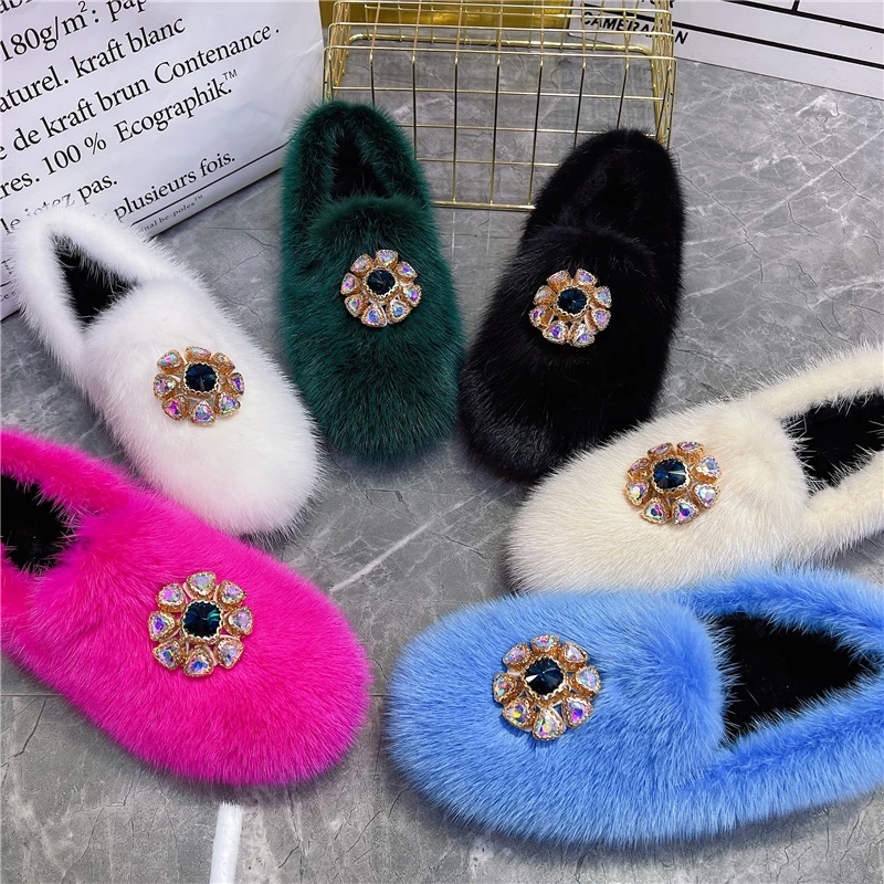 Crystal Petal Women Moccasins Ladies Winter Warm Fur Loafers Real Mink Fur Espadrilles Driving Smoking Shoes Woman Flats