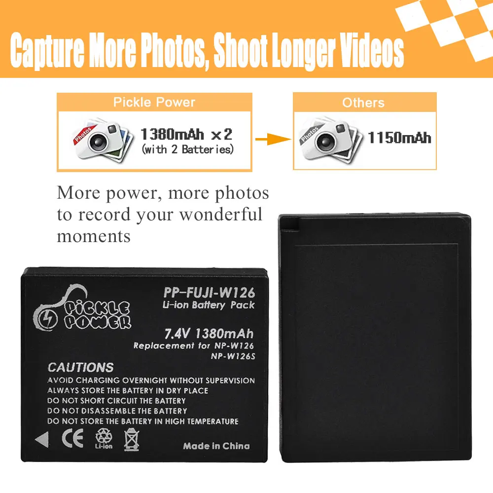 1380mAh NP-W126S NP-W126 Battery for Fujifilm X-T100, X-T200, X-M5, X100F, X100V, X100VI, X-S10, X-A5, X-A10, X-E4, X-Pro3, X-T2