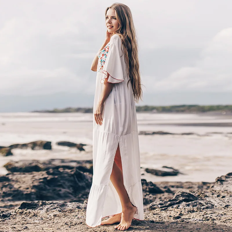 البوهيمي قفطان شاطئ تونك القطن الشاطئ التستر صيدا دي برايا ملابس السباحة النساء بيكيني ملابس الشاطئ