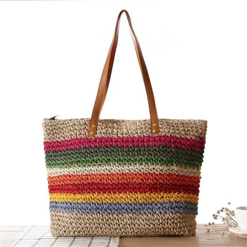 Summer New Rainbow Beach Bag for Women Contrast Striped One Shoulder Bag Casual Crochet Straw Bag IL00605