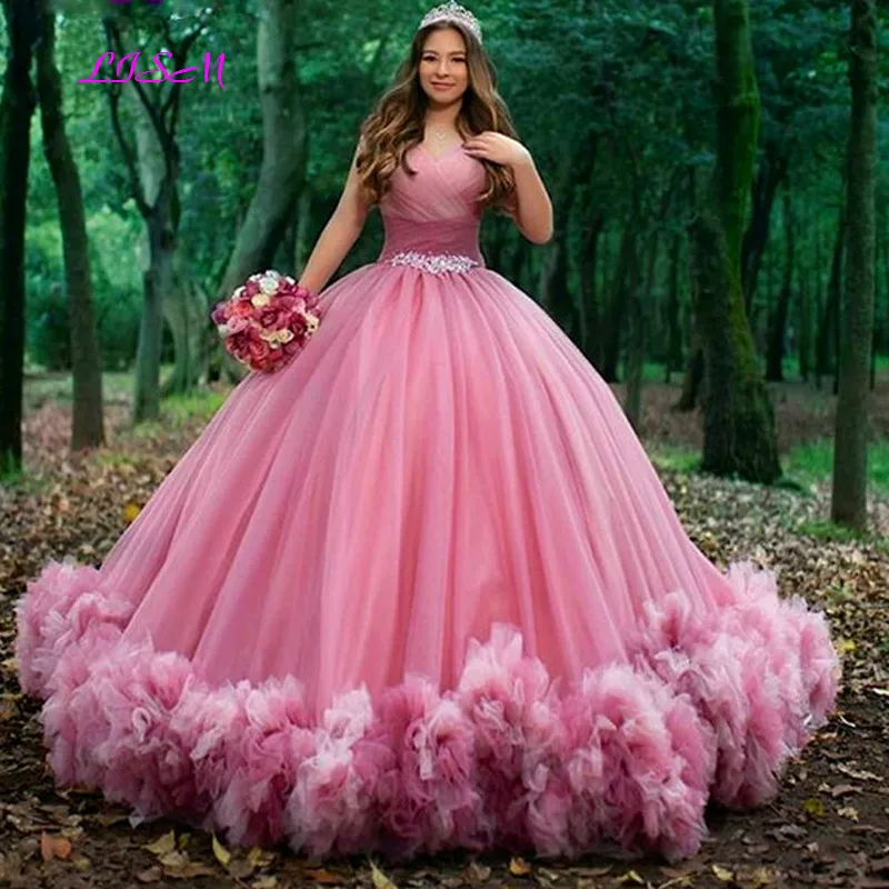 Rose Pink Sweet Sweetheart Ballkleid Quince anera Kleid Vestido de 15 Anos Rüschen ärmellose lange Abschluss ball Party kleider