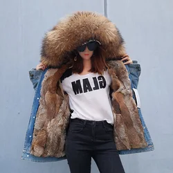 Maomaokong 2023 Neue Denim Pelz Jacke Kaninchen pelz Liner Fuchs Pelz Kragen Mantel Weibliche Winter Mantel Mode Frauen Straße Kleidung