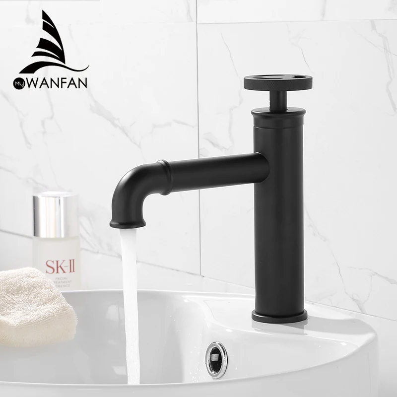 Basin Faucets Retro Industrial Style Matte Black  Brass Crane Bathroom Faucets Hot and Cold Water Mixer Tap torneira WF-20A01