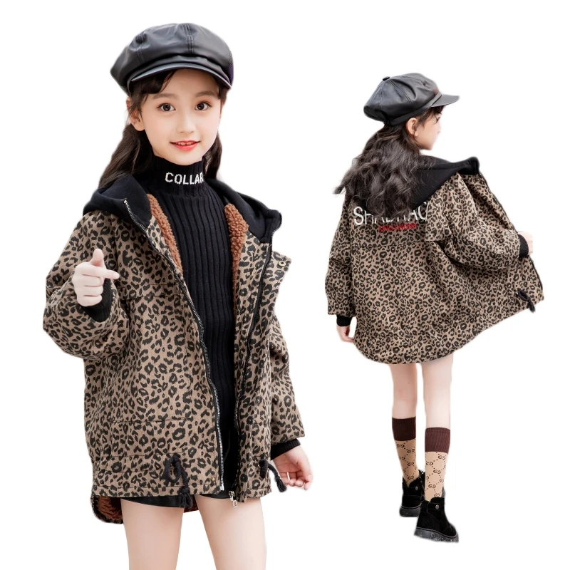 

Boys & Girls Fashion Leopard Denim Jacket Children's Velvet Hooded Coat Teenager Kids Casual Windbreaker Outerwear Clothes B249