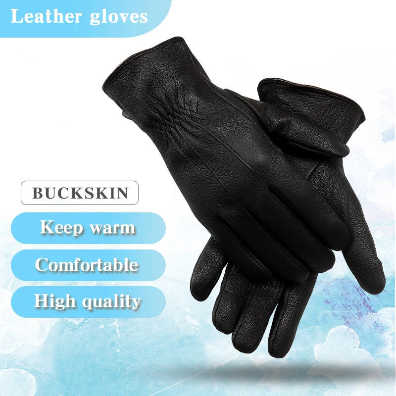 New Men\'s Winter Genuine Leather Gloves Outdoor Warmth Soft Classic Line Design Deerskin Mittens 70% Wool Lining Free Shipping