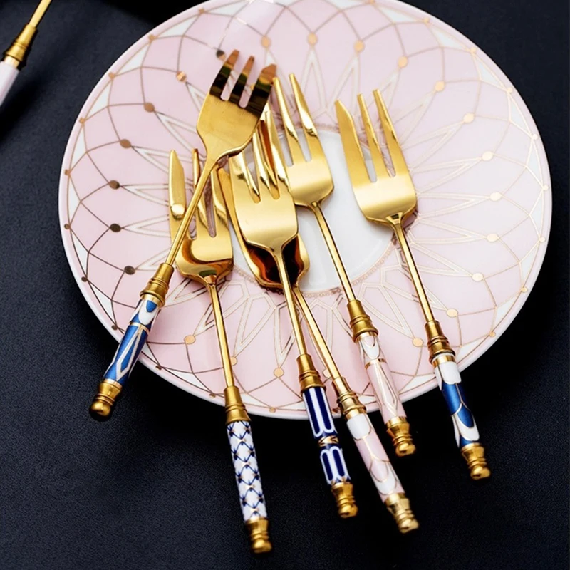 Stainless Steel Gold Cake Fork Dessert Forks Fruit Fork Ceramic Long Handle Used For Pastry in Party Snail Forks Restaurant