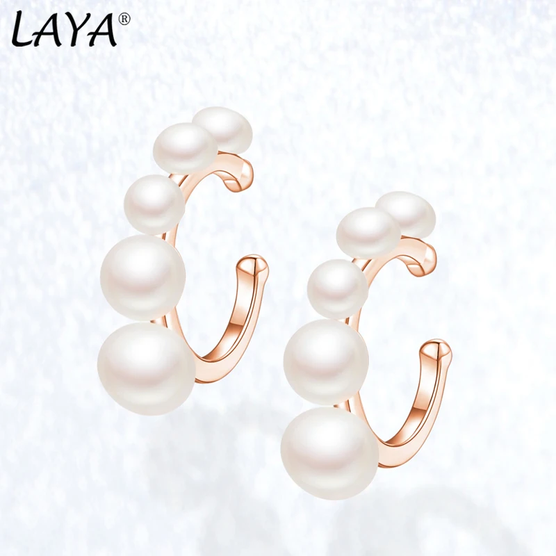 Laya 925 Sterling Silver Retro Simple C Shaped Ear Cuff Fake Perforated Natural Pearl Earcuff Earrings For Women Elegant Jewelry