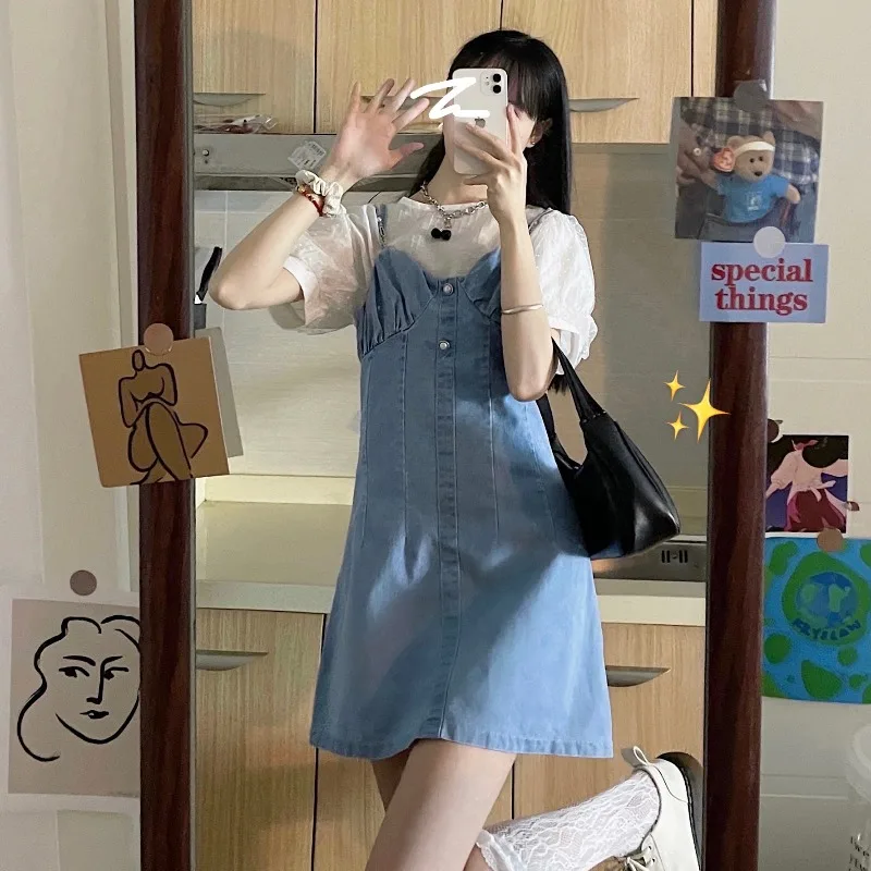 Korean Style 2020 Summer New Mesh Polka Dot Puff Sleeve Shirt Pearl Suspender Denim Dress for Women lolita dress