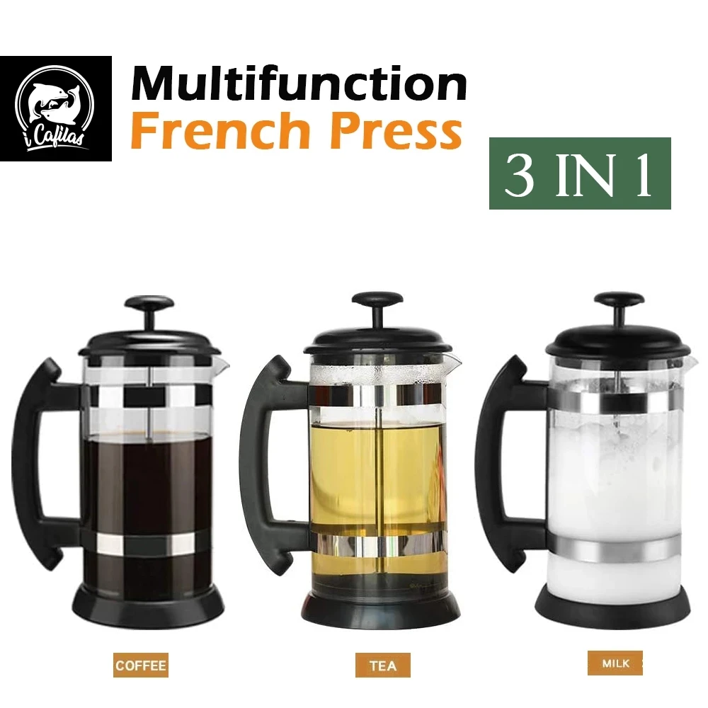 

French Press Coffee Pot,3 IN 1 Coffee / Tea / Milk Kettle, 1000ml Kettle, Stainless Steel Glass Thermos for Coffee, Drinkware