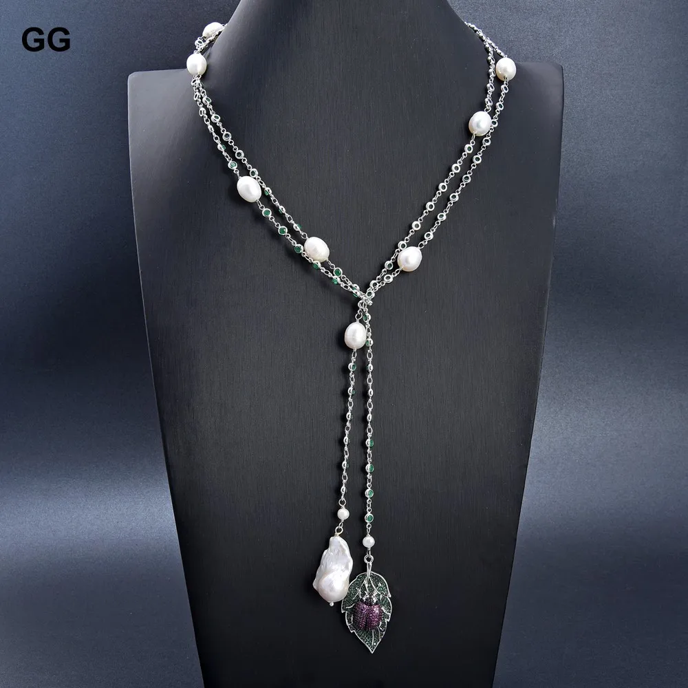 

GuaiGuai Jewelry 52'' Freshwater White Keshi Pearl Cz Pave Insect Chain Necklace