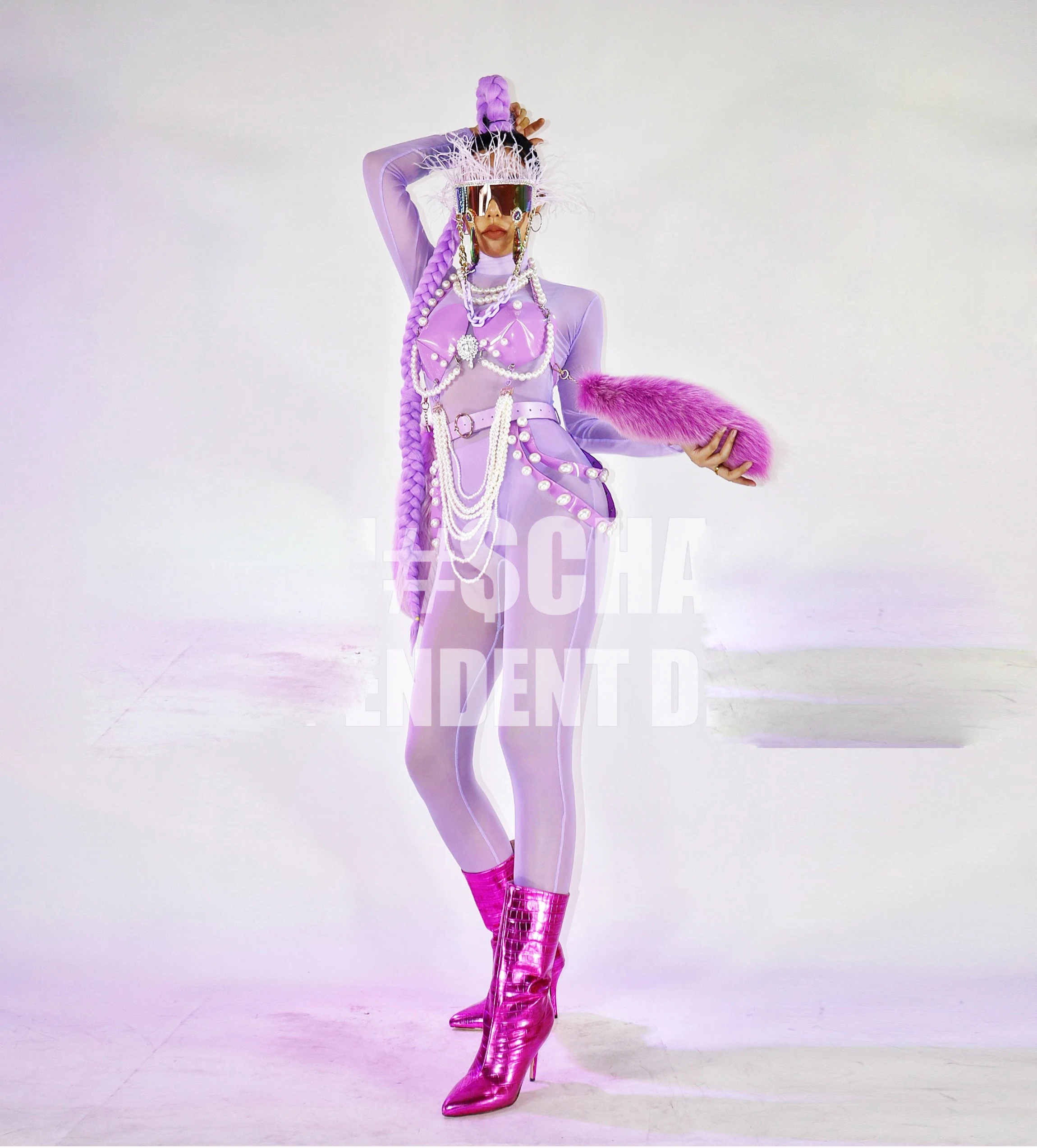 Purple wig Nightclub Bar GOGO Women's Fashion Love Corset Pearl Chain DS Tour Costume