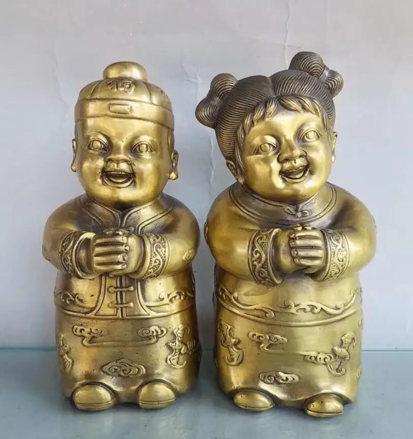 China brass Golden boy Jade girl crafts statue A pair