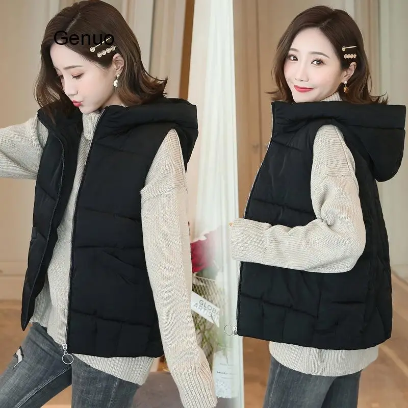 2021 Autumn Hooded Women Cotton Vest Autumn Casual Warm Thick Waistcoat Sleeveless Solid Removable Hat Vest