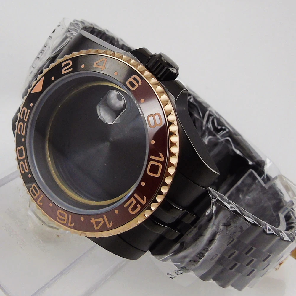 

40MM Black Pvd Watch Case For NH35 NH36 Automatic Movement Jubilee Strap Sapphire Glass Rotating Bezel Wristwatch Parts
