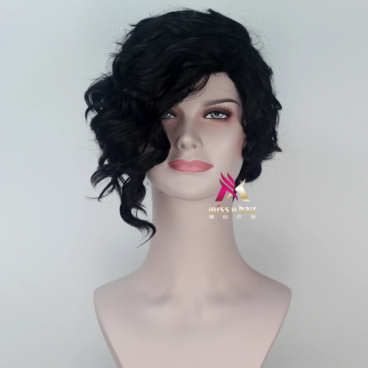 New Hot-selling Daily Stage Performances Halloween Short Curly Hair Black Oblique Bangs Cosplay Suit