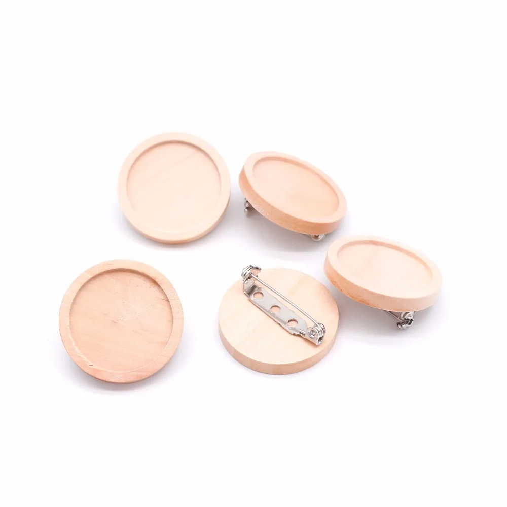 10 sztuk dużo Fit 20 25 30 40mm puste drewniane Cabochon broszka baza ustawienia okrągły fasetowany wisiorek Diy broszki Pin Backs do tworzenia biżuterii
