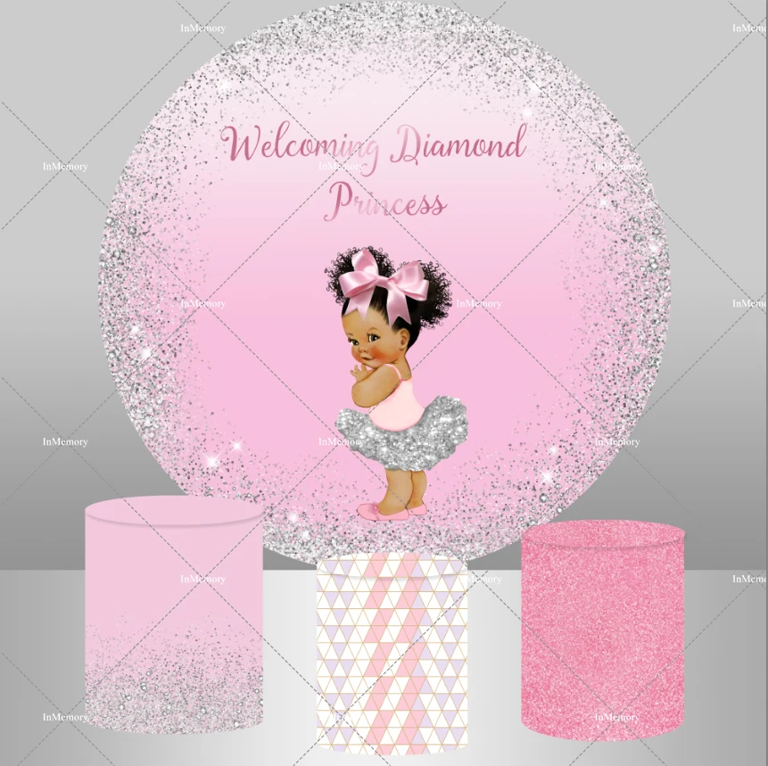 

Sparkle Glitter Pink Girl 1st Birthday Round Backdrop Cover Baby Shower Newborn Princess Background for Photo Studio Cake Banner