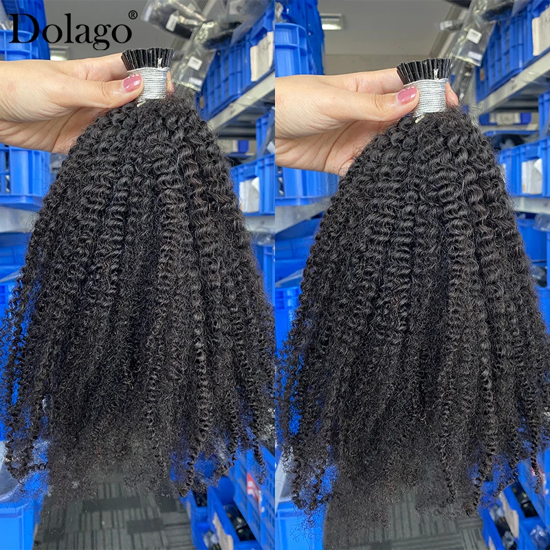 Natural Black Afro Kinky Curly I Tip Microlinks Human Hair Extensions For Women Mongolian Kinky Curly Human Hair 3 Bundles