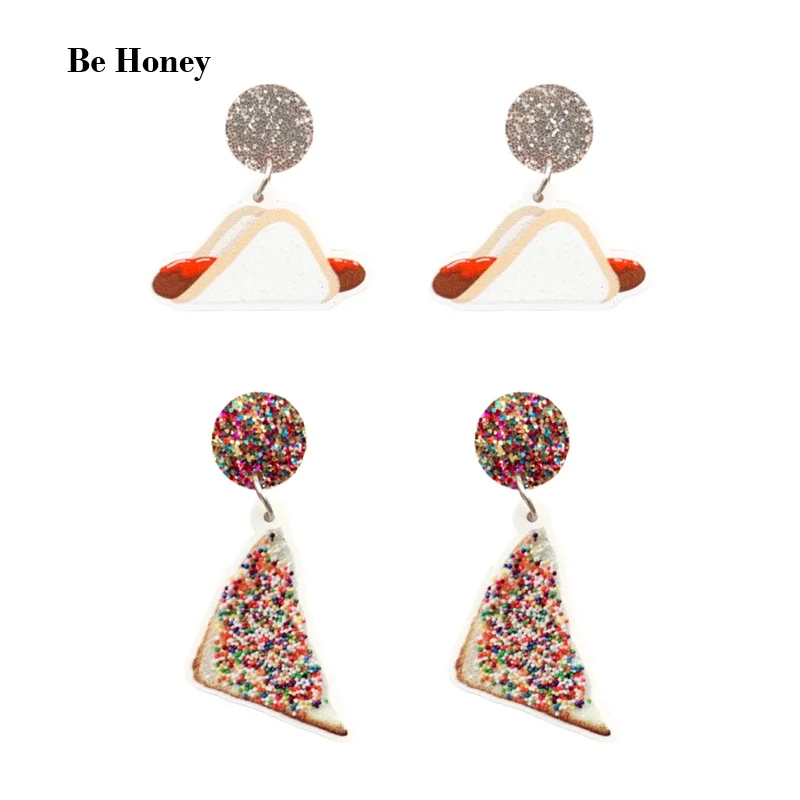 Cute Simulation Food Toast With Hotdog And Colorful Sprinkles Acrylic Glitter Stud Earrings For Women Funny Bread Party Jewelry