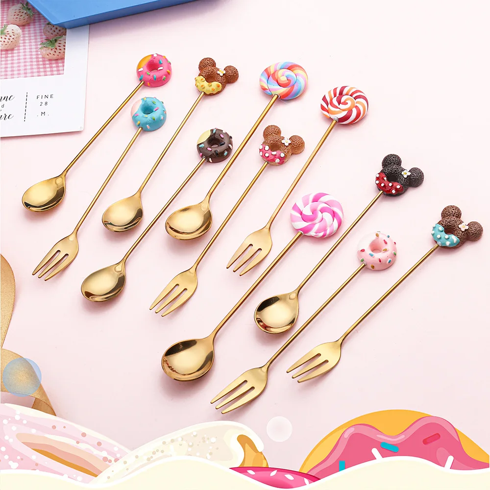 Cartoon Lollipop Doughnut Mickey Spoon Fork Stainless Steel Gold Tea Coffee Stirring Spoon Fruit Dessert Fork Teaspoon Tableware