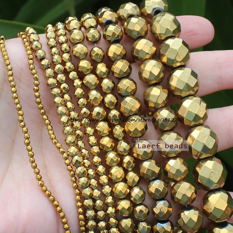 Faceted Natural Hematite Golden Color 2-12mm Round Loose beads,For DIY Jewelry Making !We provide mixed wholesale for all items!