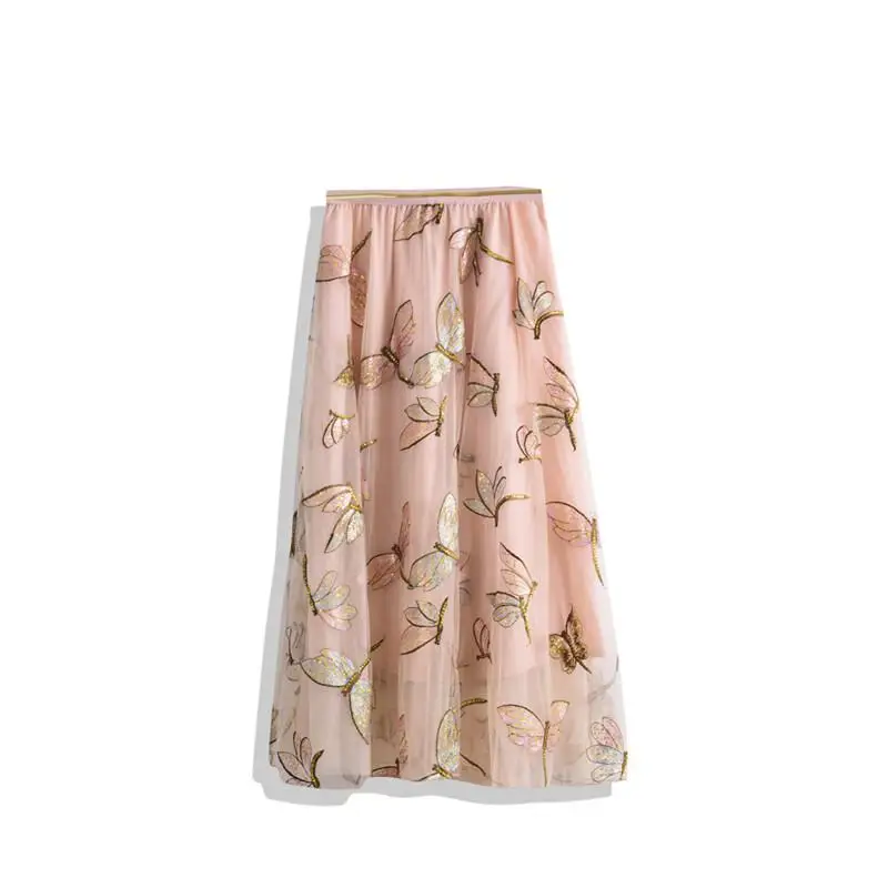 2024 Summer New Sequin Embroidery Dragonfly Skirt Female Casual Long Skirt Mesh Skirt Long Skirt A Word Skirt Free Shipping