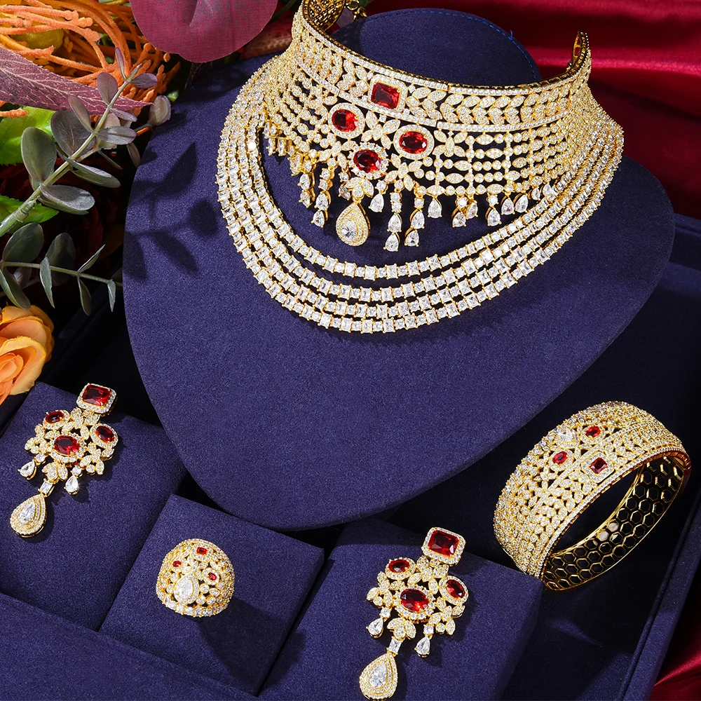 Siscathy Indian Arab Bride Wedding Engagement Party Jewelry Set For Women Luxury Necklace Earrings Bracelet Collar Accessories